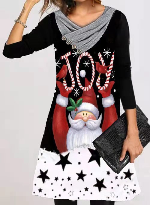 Women's Christmas Printed Long Sleeve Pullover Dress